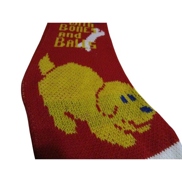Vintage Puppy Dog Knit Christmas Stocking Deck The Halls Bone And Ball Design - Picture 3 of 10